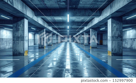 Empty Industrial Underground Parking Garage with Blue and Yellow Markings 132997900