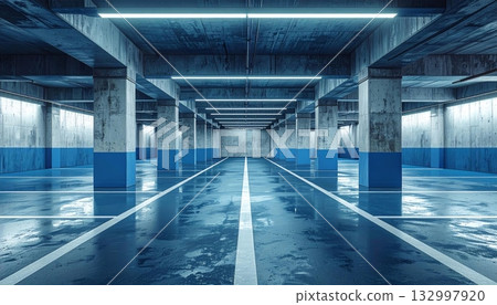 Empty Industrial Underground Parking Garage with Blue and Yellow Markings Empty Industrial Underground Parking Garage with Blue and Yellow Markings 132997920