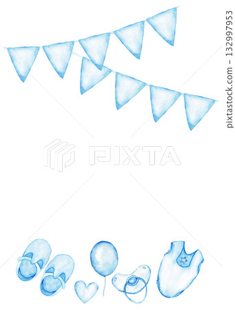 Blue gender reveal party card with flags and baby items for celebration design. Vertical template for baby shower, baptism, boy or girl party. Watercolor illustration. Copy space. Isolated. Hand drawn Blue gender reveal party card with flags and baby items for celebration design. Vertical template for baby shower, baptism, boy or girl party. Watercolor illustration. Copy space. Isolated. Hand drawn 132997953