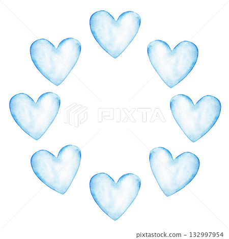 Blue heart wreath design for gender reveal party. Round template for baby shower, baptism, boy or girl party. Watercolor illustration. Copy space. Hand drawn. Isolated. For invitation, card Blue heart wreath design for gender reveal party. Round template for baby shower, baptism, boy or girl party. Watercolor illustration. Copy space. Hand drawn. Isolated. For invitation, card 132997954