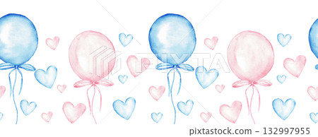 Pastel heart and balloon border for celebrations, invitations, and designs. Seamless border for baby shower, baptism, boy or girl party. Hand drawn. Isolated. Watercolor illustration for card, banner Pastel heart and balloon border for celebrations, invitations, and designs. Seamless border for baby shower, baptism, boy or girl party. Hand drawn. Isolated. Watercolor illustration for card, banner 132997955