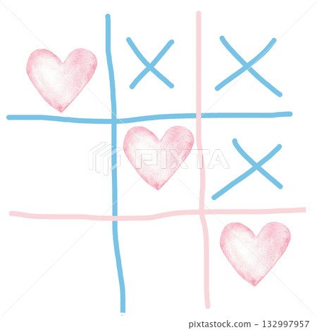 Fun gender reveal party concept with pink hearts in noughts and crosses game. Watercolor illustration for baby shower, baptism, boy or girl party. Copy space. Hand drawn. For card, banner. Isolated 132997957