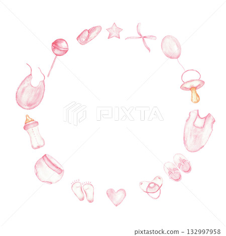 Pink themed round frame for gender reveal party decorations and invitations. Template made from accessories for newborns for baby shower, baptism, boy or girl party. Watercolor illustration Copy space Pink themed round frame for gender reveal party decorations and invitations. Template made from accessories for newborns for baby shower, baptism, boy or girl party. Watercolor illustration Copy space 132997958
