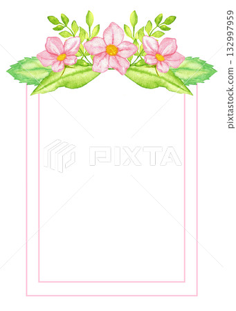 Floral pink frame design for gender reveal party invitations and decor. Vertical template for baby shower, baptism, boy or girl party. Watercolor illustration. Copy space. Hand drawn. Isolated 132997959