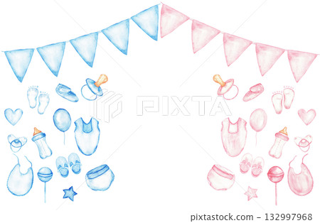 Gender reveal party horizontal banner with blue and pink decorations for event design. Template for baby shower, baptism, boy or girl party. Watercolor illustration. Isolated. Hand drawn. Copy space 132997968