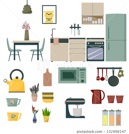 Complete collection of kitchen furniture and utensils, from dining table to cooking appliances. Household items for cooking and dining. Complete collection of kitchen furniture and utensils, from dining table to cooking appliances. Household items for cooking and dining. 132998147