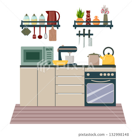 Kitchen interior design with various cooking appliances, shelves with kitchenware and home decor. Home comfort and cooking concept. 132998148