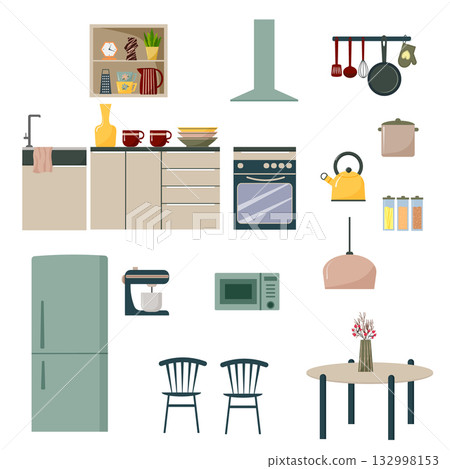A set of kitchen appliances, an oven with an extractor hood and a kitchen table with chairs. Utensils for the kitchen and cooking, refrigerator, microwave oven and mixer. A set of kitchen appliances, an oven with an extractor hood and a kitchen table with chairs. Utensils for the kitchen and cooking, refrigerator, microwave oven and mixer. 132998153
