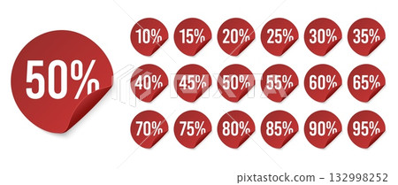 Red promotion sticker badges showing different discount prices from 10 to 95 percent, designed for shopping marketing, clearance sales, and advertising campaigns, encouraging customers to save money. 132998252