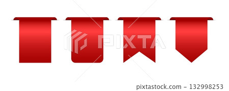 set of red tag vector icons featuring 3D realistic banners, labels, and ribbons for online shopping promotions. Perfect for discounts, best seller products, and marketing campaigns, isolated on a 132998253