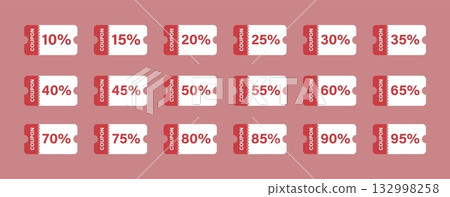 A collection of coupon icons representing discounts from 10 to 95 . Perfect for promotions, sales, vouchers, and marketing projects, highlighting special offers and savings for retail and shopping A collection of coupon icons representing discounts from 10 to 95 . Perfect for promotions, sales, vouchers, and marketing projects, highlighting special offers and savings for retail and shopping 132998258
