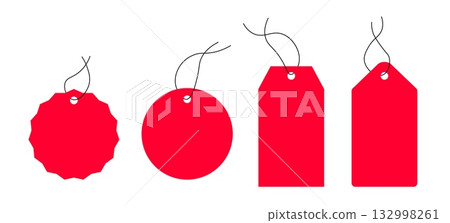 Set of realistic red sale labels and discount price tags mockups, featuring paper gift labels with rope and promotional sales hanging tags. Ideal for retail and shopping projects, these vector 132998261