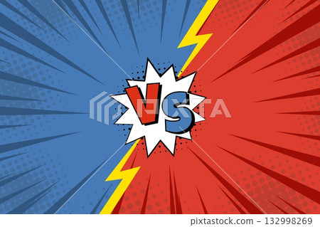 Versus fight background in retro comic style with red and blue split parts, halftone rays, lightning and explosion cloud, perfect for vs game screens, battle posters, tournament banners and dynamic 132998269