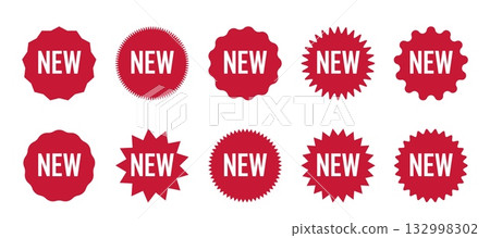 red starburst badges with text NEW, vector promotional stickers for product announcement, shopping labels, discount offers, and marketing design. red starburst badges with text NEW, vector promotional stickers for product announcement, shopping labels, discount offers, and marketing design. 132998302