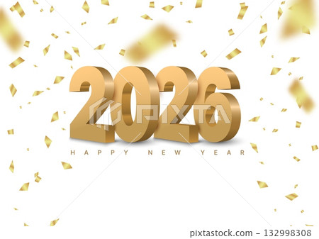 Gold 3D numbers 2026 on a shiny confetti background, featuring bold sans serif typography on a white surface, perfect for New Year celebration cards, posters, and festive holiday designs. Gold 3D numbers 2026 on a shiny confetti background, featuring bold sans serif typography on a white surface, perfect for New Year celebration cards, posters, and festive holiday designs. 132998308