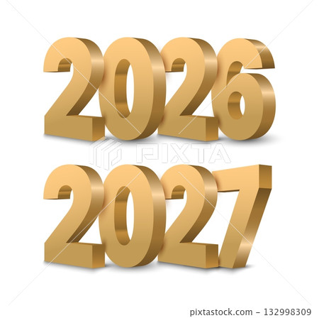 Gold 3D numbers 2026 and 2027 on white background, featuring bold sans serif typography on a white surface, perfect for New Year celebration cards, posters, and festive holiday designs. Gold 3D numbers 2026 and 2027 on white background, featuring bold sans serif typography on a white surface, perfect for New Year celebration cards, posters, and festive holiday designs. 132998309