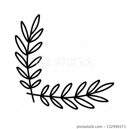 Simple hand-drawn floral corner element, black vector doodle with leaves and buds, perfect for decorative design accents. 132998371