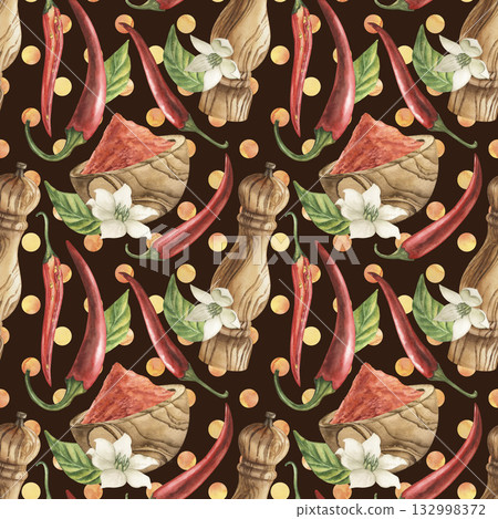 Seamless pattern with red hot chili peppers and a wooden plate with paprika and a mill on a dark brown background. Watercolor illustration drawn by hand. For textile design, fabrics, wallpaper. 132998372