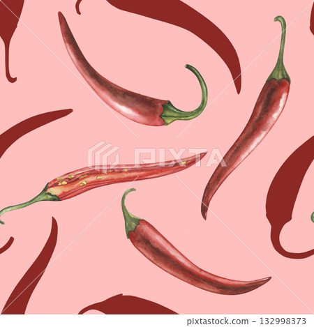 Seamless pattern with red hot chili peppers on a pink background. Watercolor illustration with paprika pods, hand drawn in botanical style. For textile design, wallpaper, fabric, packaging Seamless pattern with red hot chili peppers on a pink background. Watercolor illustration with paprika pods, hand drawn in botanical style. For textile design, wallpaper, fabric, packaging 132998373