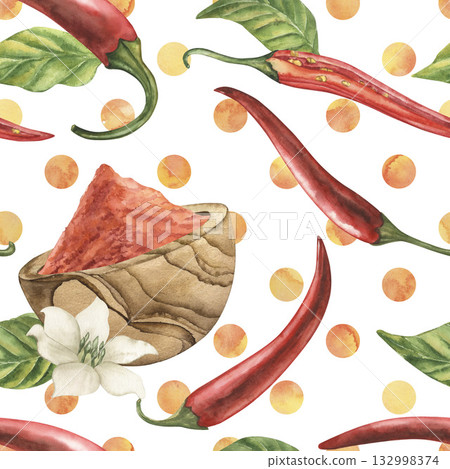 Seamless pattern with red hot chili peppers and a wooden plate with paprika on a background with circles. Watercolor illustration hand drawn in botanical style. For textile design, fabrics, wallpaper 132998374