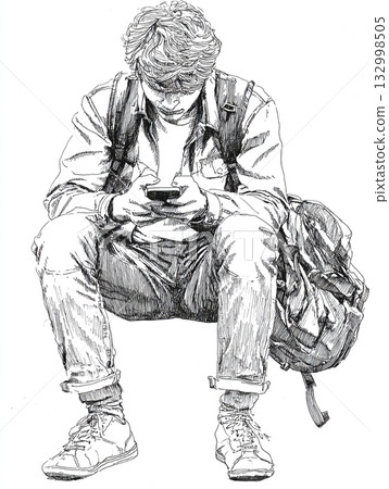 A stylish black and white line art illustration of a solitary man sitting, engrossed in his phone. A stylish black and white line art illustration of a solitary man sitting, engrossed in his phone. 132998505