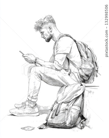 A stylish black and white line art illustration of a solitary man sitting, engrossed in his phone. A stylish black and white line art illustration of a solitary man sitting, engrossed in his phone. 132998506