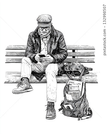 A stylish black and white line art illustration of a solitary man sitting, engrossed in his phone.  132998507
