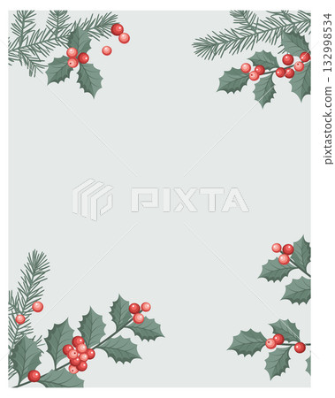 Christmas background with holly berry and fir branches. Winter festive frame. 132998534