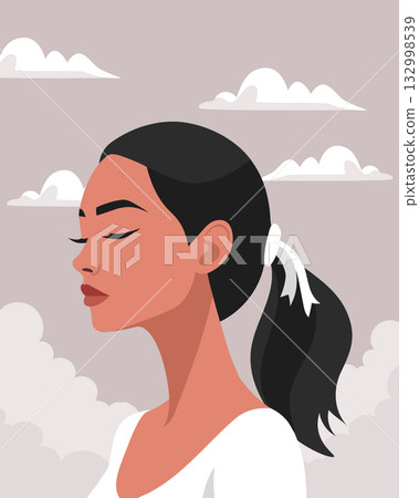 Serene womans profile in a sky. Psychology, mental health, clarity. Illustration for therapeutic posters, wellness. Serene womans profile in a sky. Psychology, mental health, clarity. Illustration for therapeutic posters, wellness. 132998539