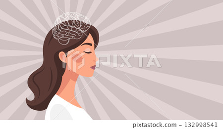 Woman with a brain above her head. Psychology, mental health, clarity. Illustration for therapeutic posters, wellness. Woman with a brain above her head. Psychology, mental health, clarity. Illustration for therapeutic posters, wellness. 132998541