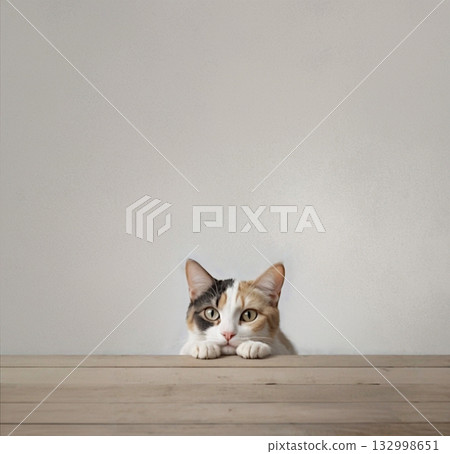 Calico cat gazing across the table Calico cat gazing across the table 132998651