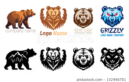 bear grizzly logo creative and original for your business or company set logotype cartoon stock color and black and white vector illustration 132998781