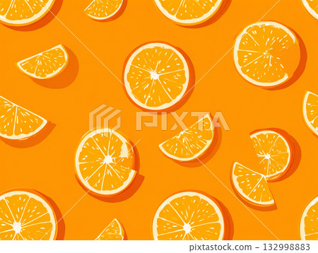 A bright, seamless pattern featuring abstract and stylized orange slices, halves, and leaves scattered across a vibrant orange background. 132998883