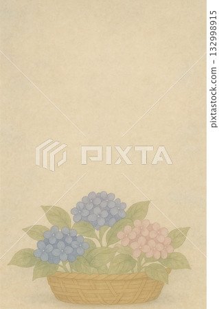Hydrangea series: A still life-style Japanese background depicting hydrangeas in a basket Hydrangea series: A still life-style Japanese background depicting hydrangeas in a basket 132998915