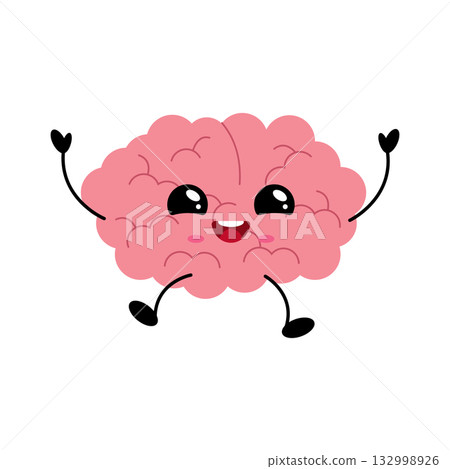 Cute pink kawaii brain character jumping with joy 132998926