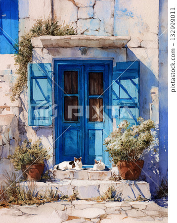 A traditional Mediterranean house with whitewashed walls, striking blue doors and windows, and a small balcony. Lush potted plants adorn the entrance and balcony. A traditional Mediterranean house with whitewashed walls, striking blue doors and windows, and a small balcony. Lush potted plants adorn the entrance and balcony. 132999011
