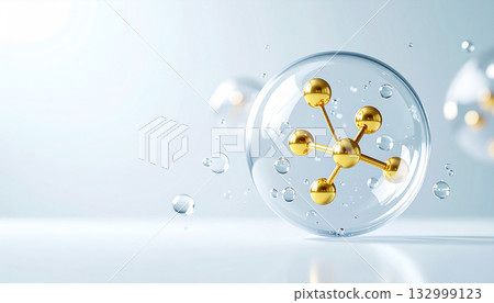 透明氣泡內含金色分子結構。 3D背景材質，靈感源自奈米科技和高品質美容成分。 132999123