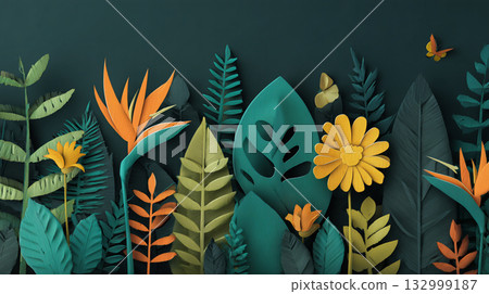 A vibrant, densely packed pattern of overlapping tropical leaves in a cut-paper style, featuring bold colors like orange, yellow, and teal against a dark background. 132999187