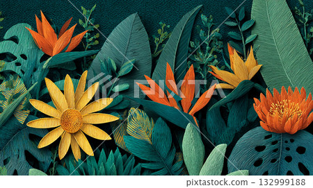 A vibrant, densely packed pattern of overlapping tropical leaves in a cut-paper style, featuring bold colors like orange, yellow, and teal against a dark background. 132999188