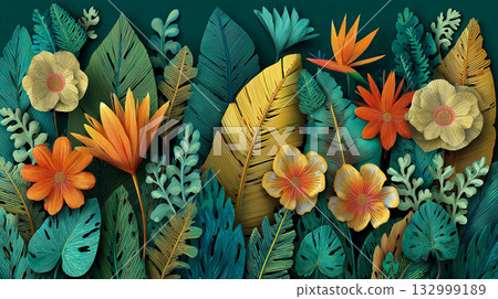 A vibrant, densely packed pattern of overlapping tropical leaves in a cut-paper style, featuring bold colors like orange, yellow, and teal against a dark background. 132999189