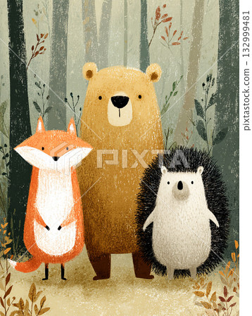A watercolor style illustration of a large group of cute woodland animals including a bear, fox, and several small creatures peering out from lush, soft green foliage. 132999481