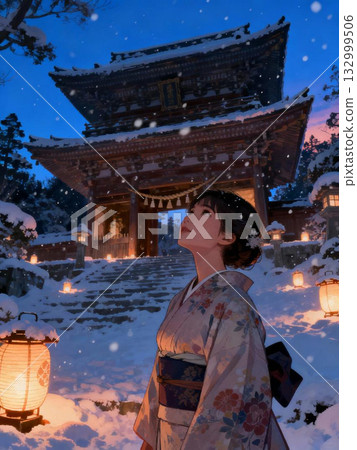 A woman in a kimono standing on a snowy approach to a shrine 132999506