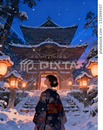 一位身著和服的女子站在通往神社的雪地上。 一位身著和服的女子站在通往神社的雪地上。 132999507