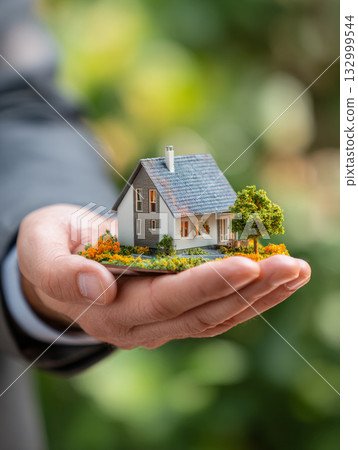 A close-up shows a man hand gently holding a small, detailed model house, against a soft, blurred background.   132999544