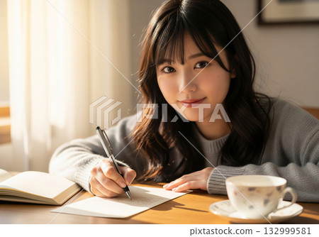 A woman wearing a gray knit sweater writing a letter in the warm sunshine A woman wearing a gray knit sweater writing a letter in the warm sunshine 132999581