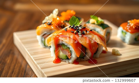 Fresh Japanese salmon sushi rolls, a gourmet seafood meal or appetizer on a white plate. Fresh Japanese salmon sushi rolls, a gourmet seafood meal or appetizer on a white plate. 132999607
