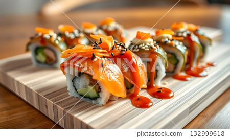 Fresh Japanese salmon sushi rolls, a gourmet seafood meal or appetizer on a white plate. 132999618