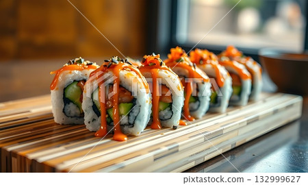 Fresh Japanese salmon sushi rolls, a gourmet seafood meal or appetizer on a white plate. 132999627