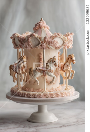 Elegant Carousel Cake With Intricate Designs and Pastel Hues for a Festive Celebration Elegant Carousel Cake With Intricate Designs and Pastel Hues for a Festive Celebration 132999685