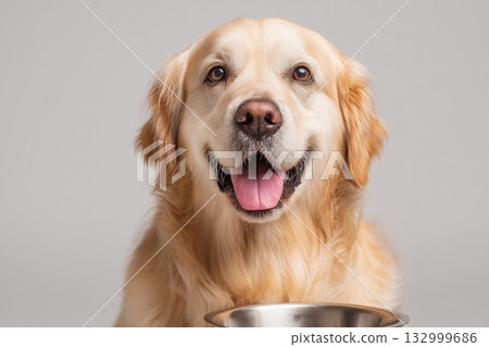 Golden Retriever Happily Posing With a Bowl, Showcasing Its Friendly Demeanor. Details matter. Golden Retriever Happily Posing With a Bowl, Showcasing Its Friendly Demeanor. Details matter. 132999686